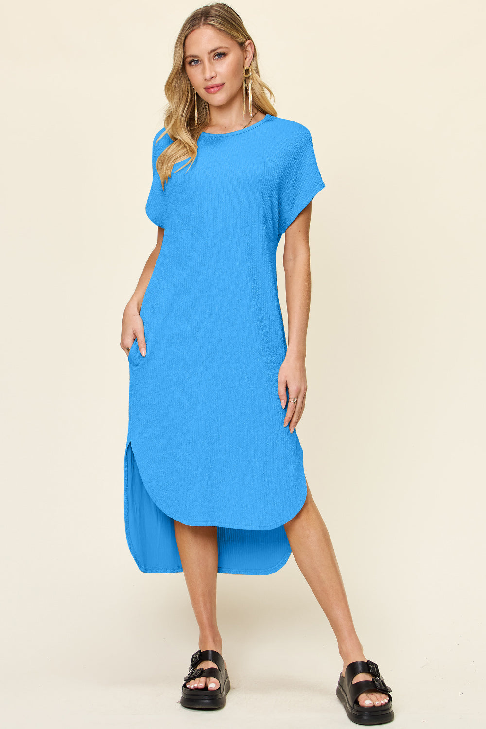 Double Take Round Neck Short Sleeve Slit Midi Dress Trendsi
