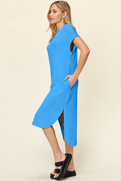 Double Take Round Neck Short Sleeve Slit Midi Dress Trendsi