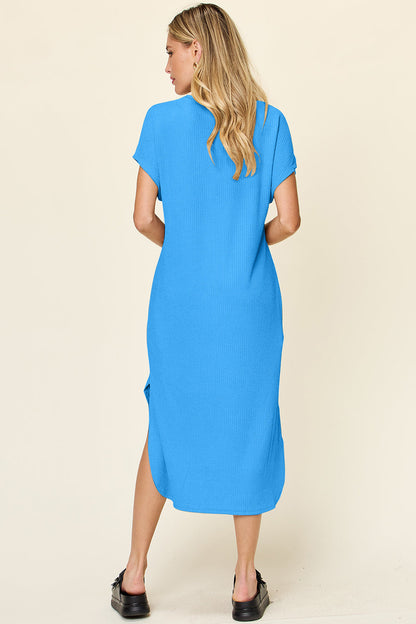 Double Take Round Neck Short Sleeve Slit Midi Dress Trendsi
