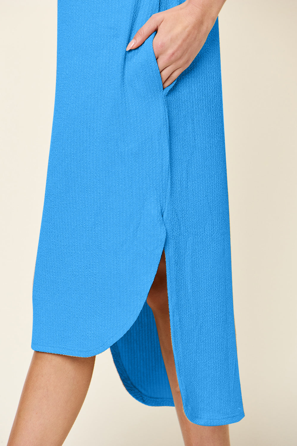 Double Take Round Neck Short Sleeve Slit Midi Dress Trendsi