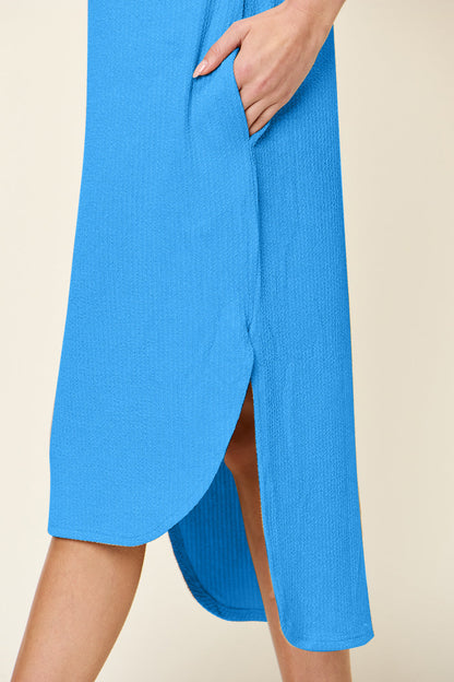 Double Take Round Neck Short Sleeve Slit Midi Dress Trendsi