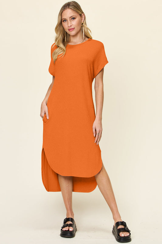 Double Take Round Neck Short Sleeve Slit Midi Dress Trendsi