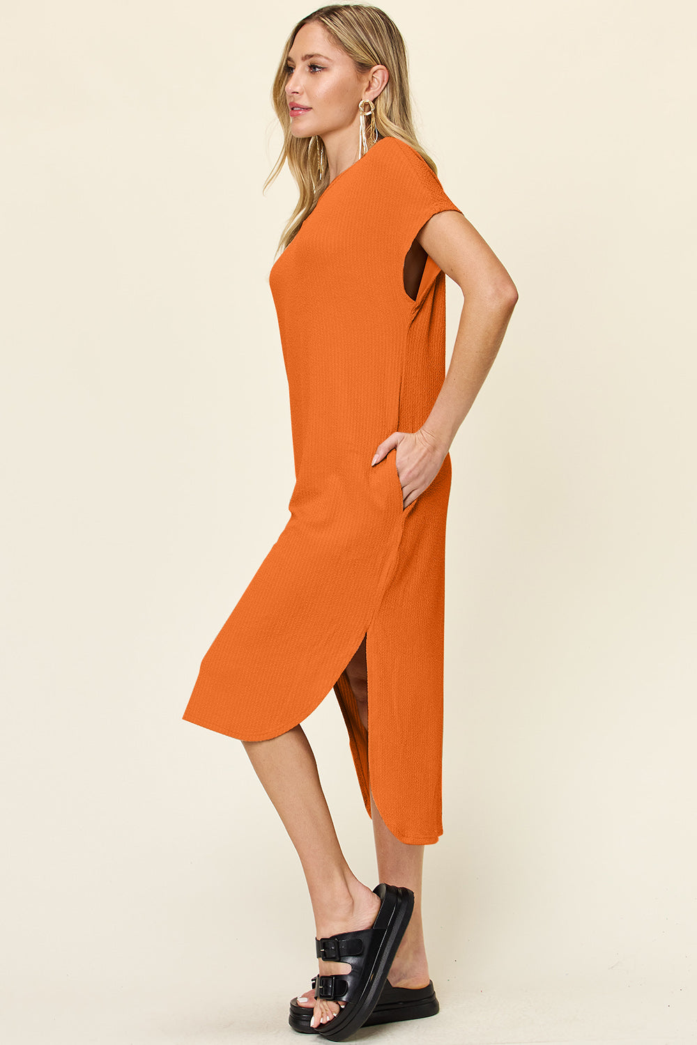 Double Take Round Neck Short Sleeve Slit Midi Dress Trendsi