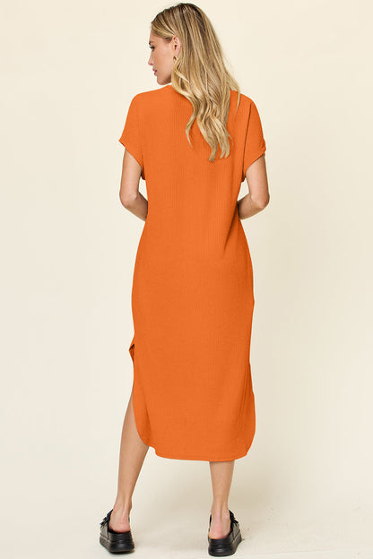 Double Take Round Neck Short Sleeve Slit Midi Dress Trendsi