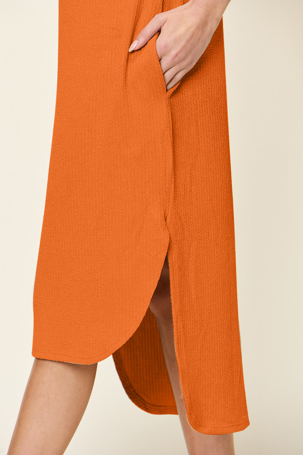Double Take Round Neck Short Sleeve Slit Midi Dress Trendsi