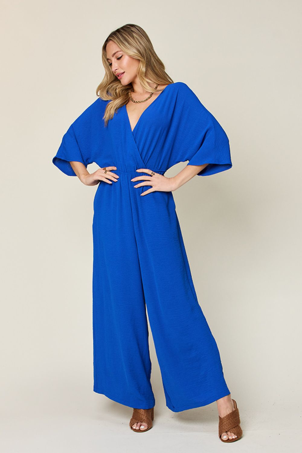 Surplice Wide Leg Jumpsuit Plus Size Trendsi