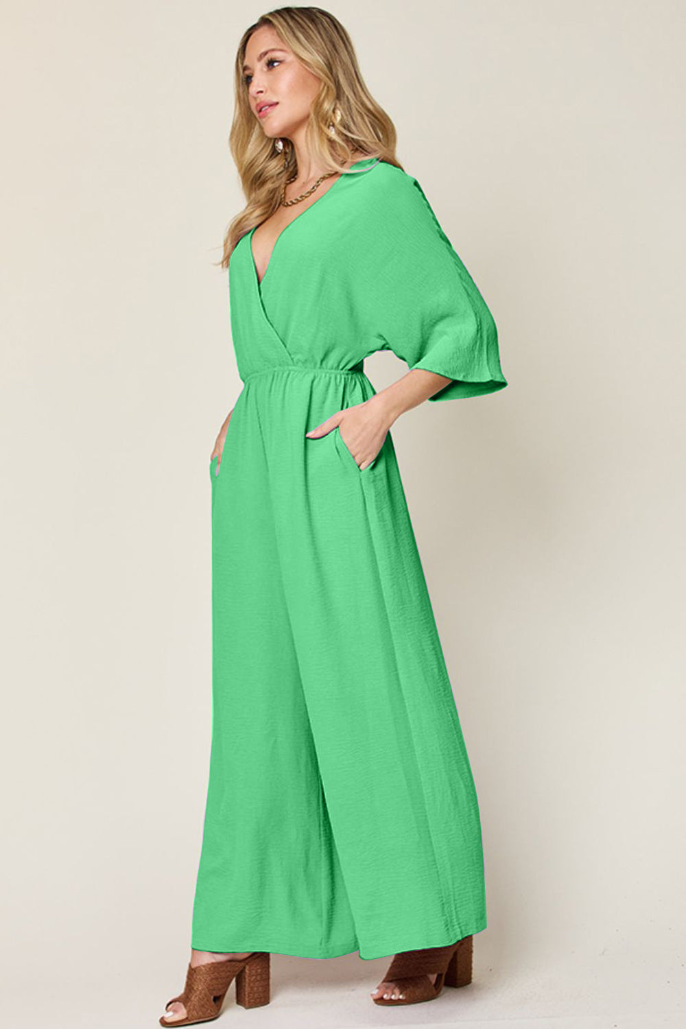 Surplice Wide Leg Jumpsuit Plus Size Trendsi