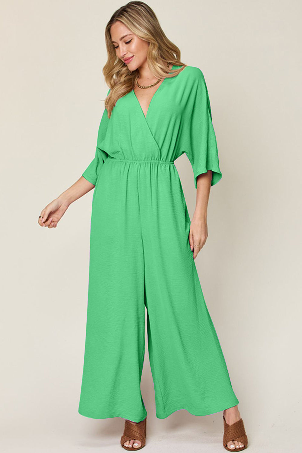 Surplice Wide Leg Jumpsuit Plus Size Trendsi