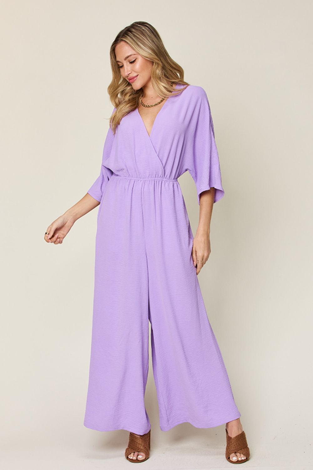 Surplice Wide Leg Jumpsuit Plus Size Trendsi