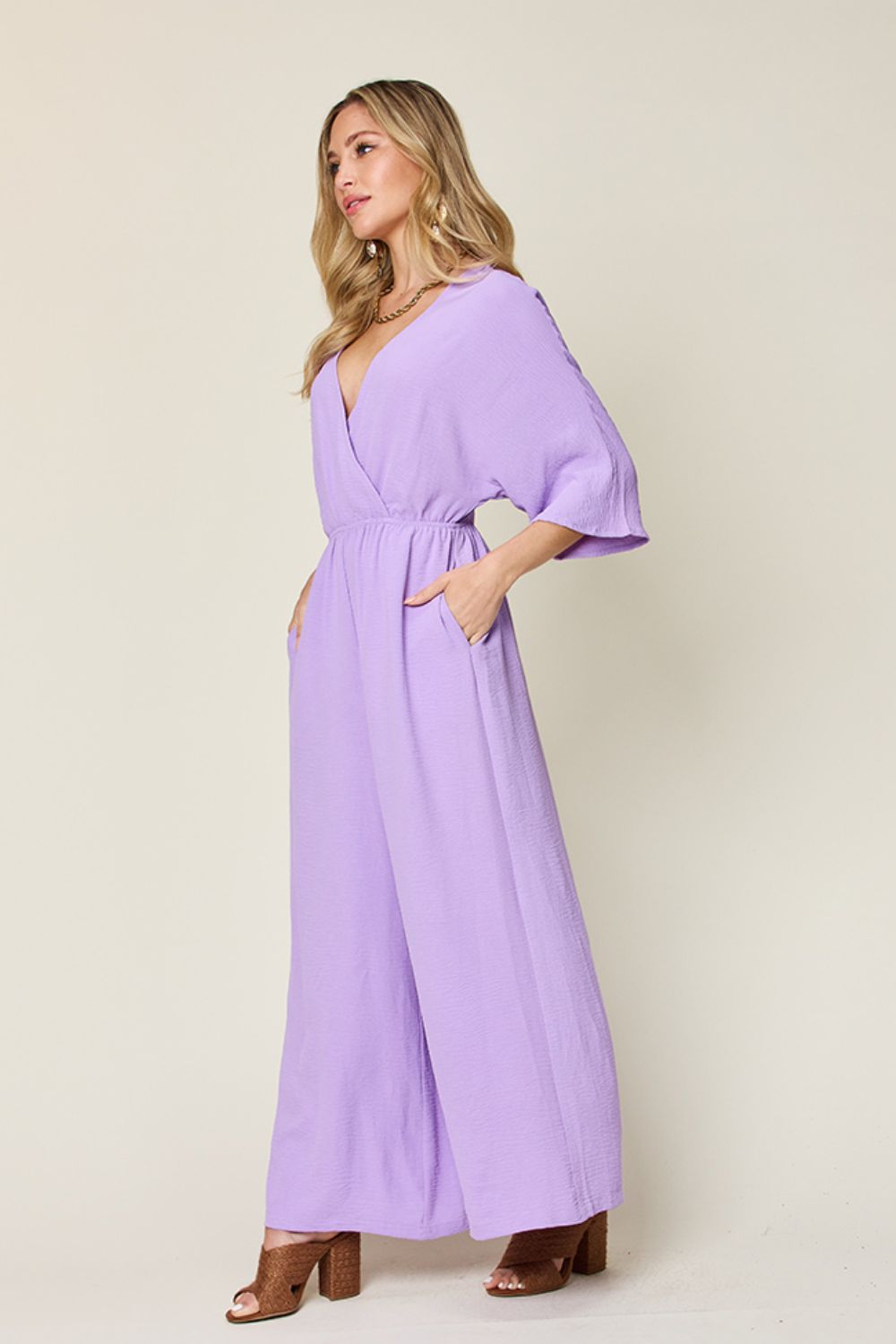 Surplice Wide Leg Jumpsuit Plus Size Trendsi