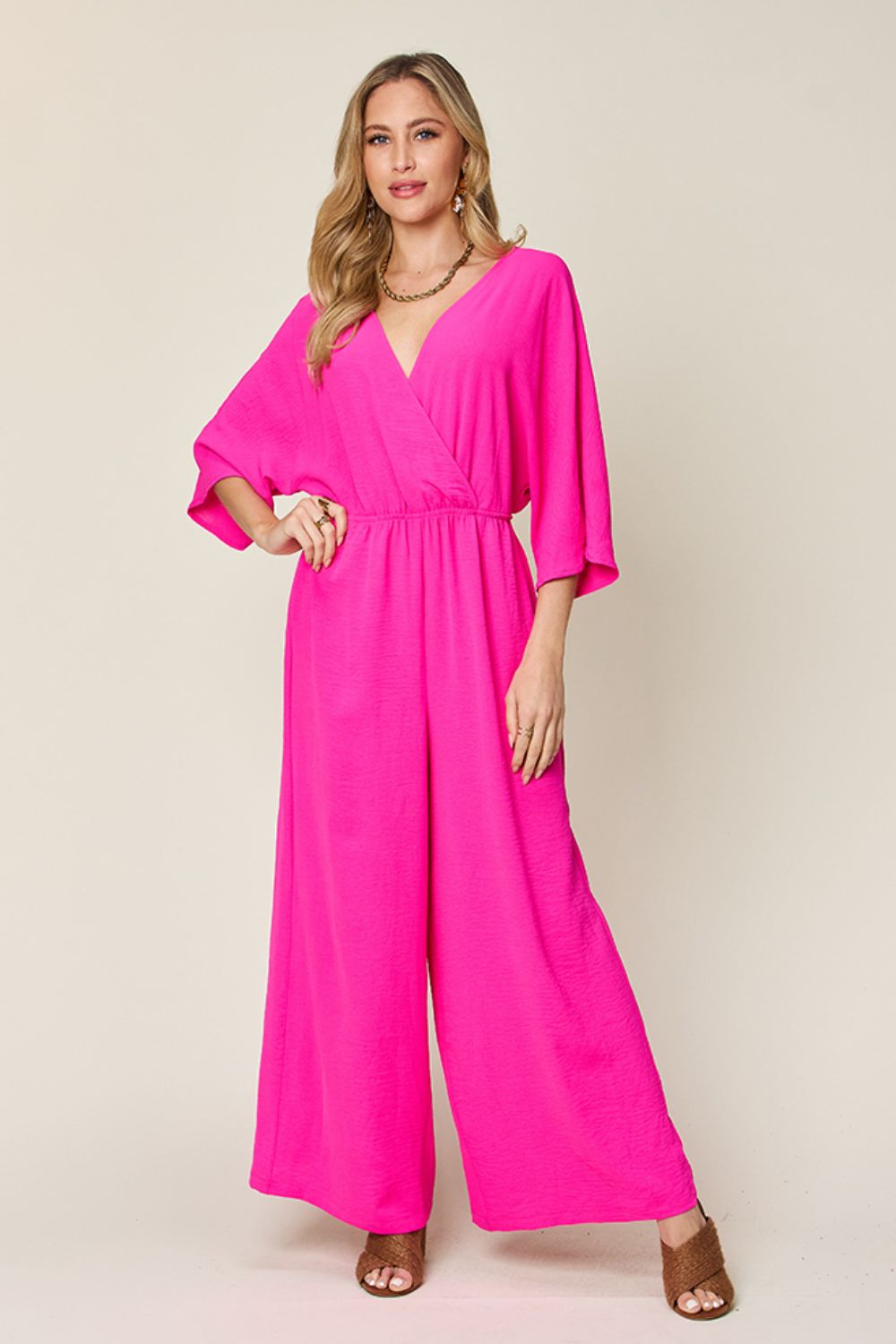 Surplice Wide Leg Jumpsuit Plus Size Trendsi