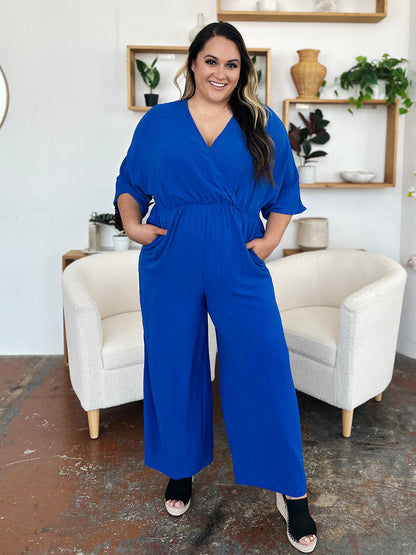 Surplice Wide Leg Jumpsuit Plus Size Trendsi