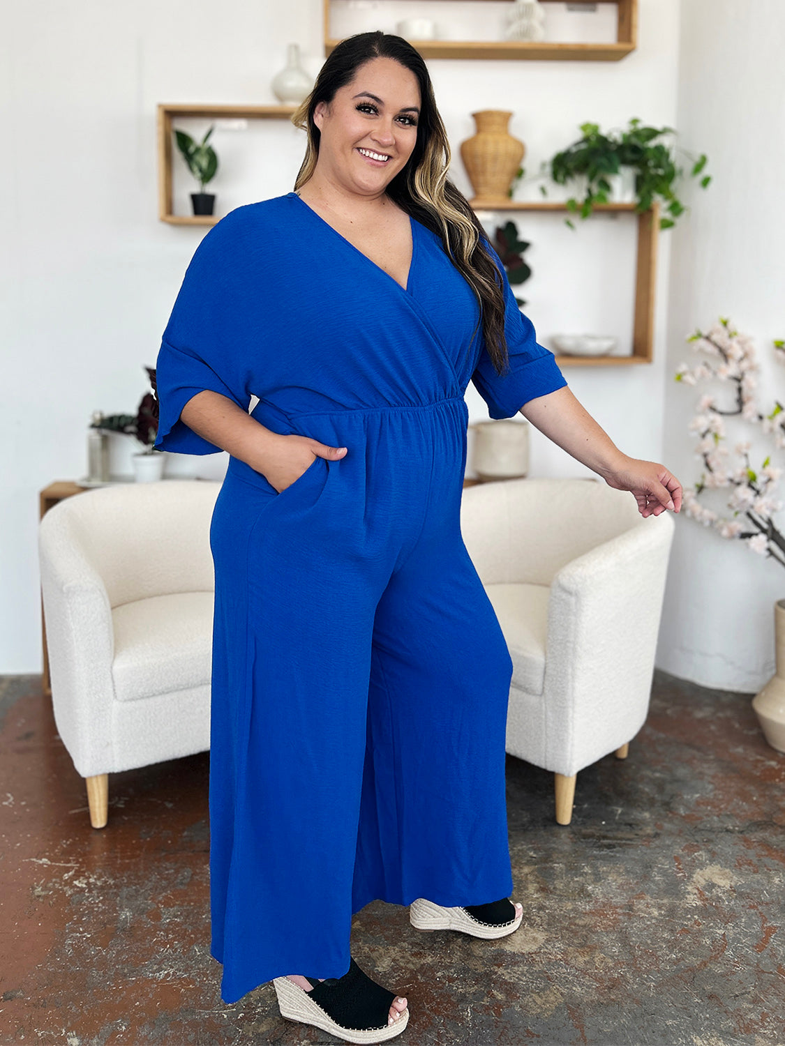Surplice Wide Leg Jumpsuit Plus Size Trendsi