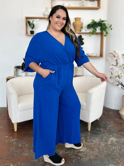 Surplice Wide Leg Jumpsuit Plus Size Trendsi