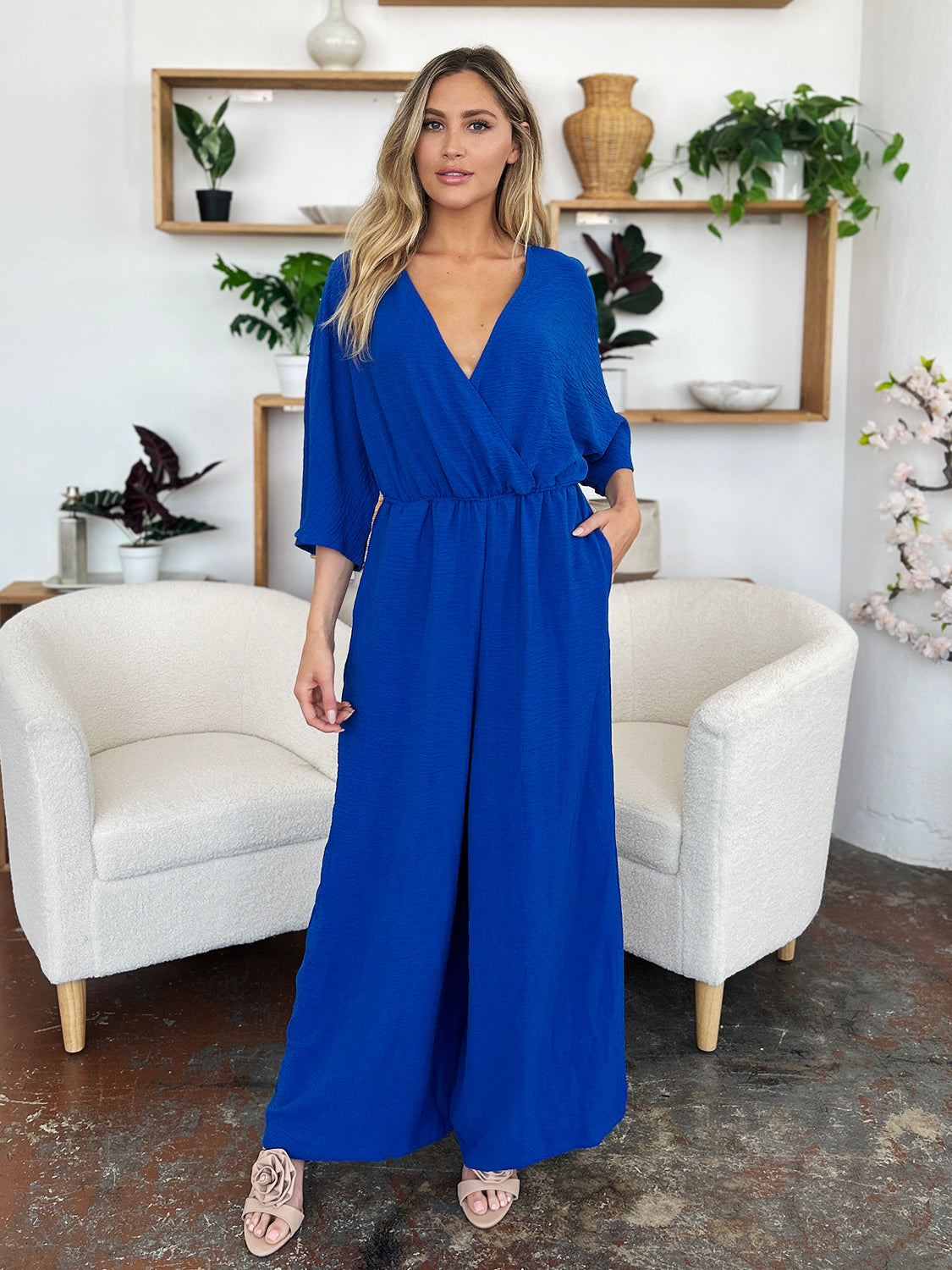 Surplice Wide Leg Jumpsuit Plus Size Trendsi