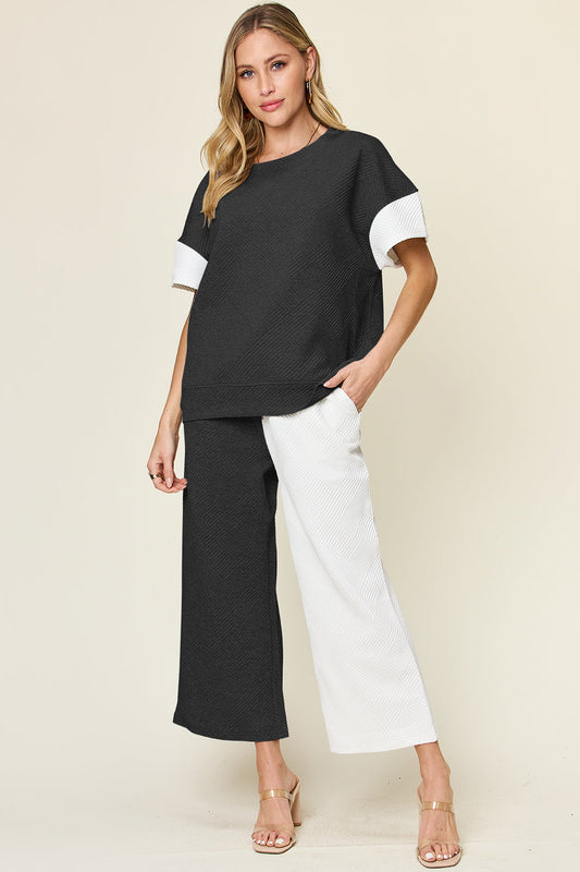 Double Take Colorblock T-Shirt and Wide Leg Pants Set Trendsi