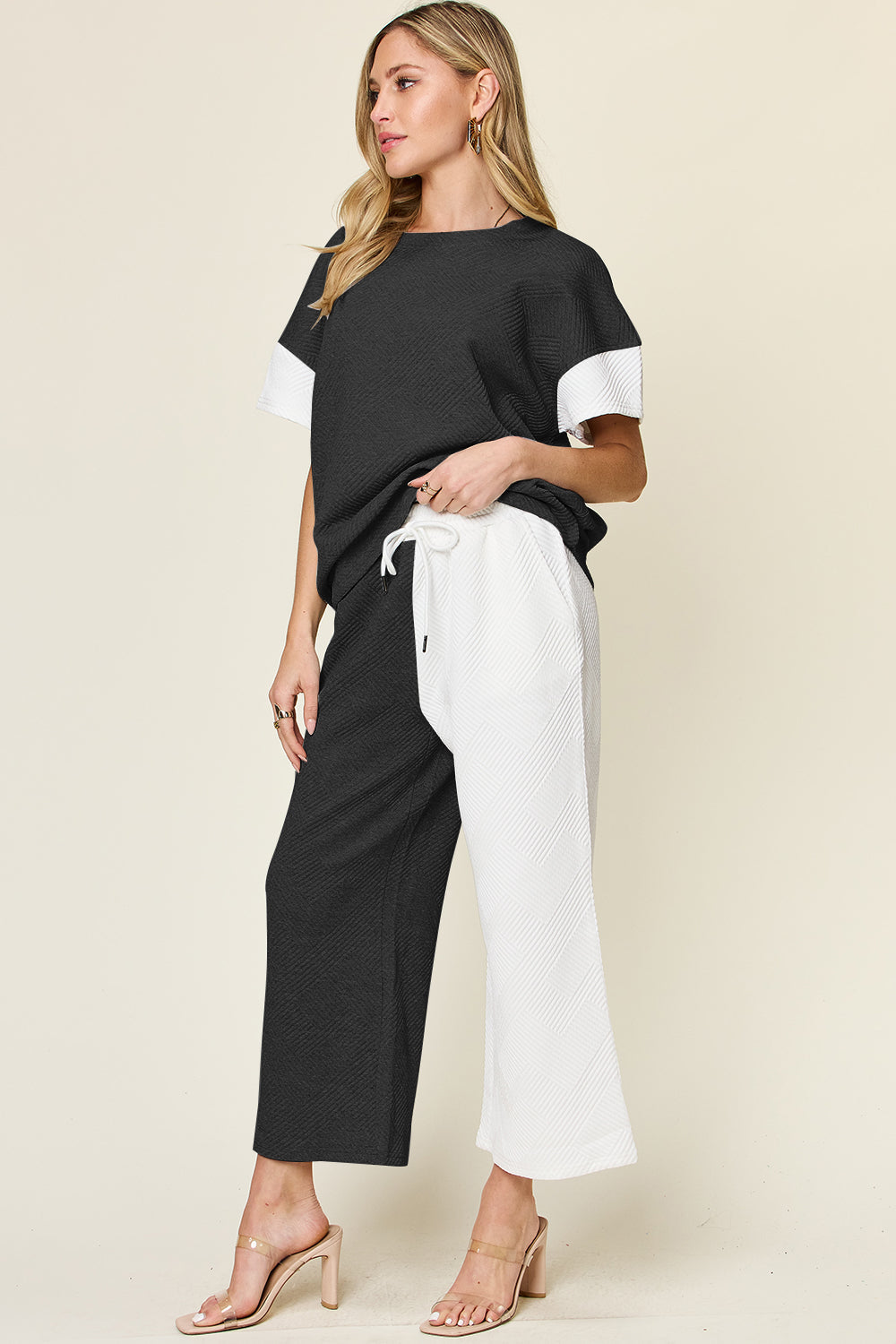 Double Take Colorblock T-Shirt and Wide Leg Pants Set Trendsi