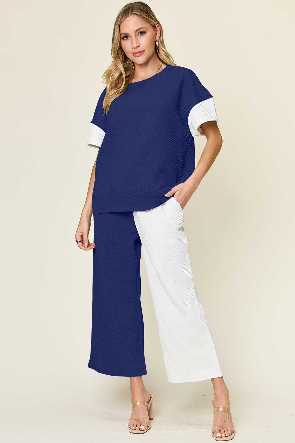Double Take Colorblock T-Shirt and Wide Leg Pants Set Trendsi