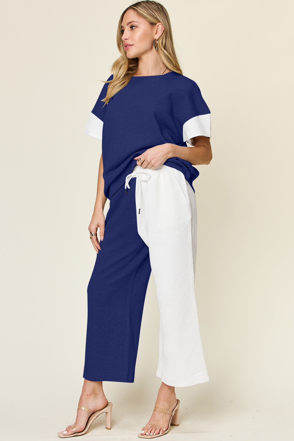 Double Take Colorblock T-Shirt and Wide Leg Pants Set Trendsi