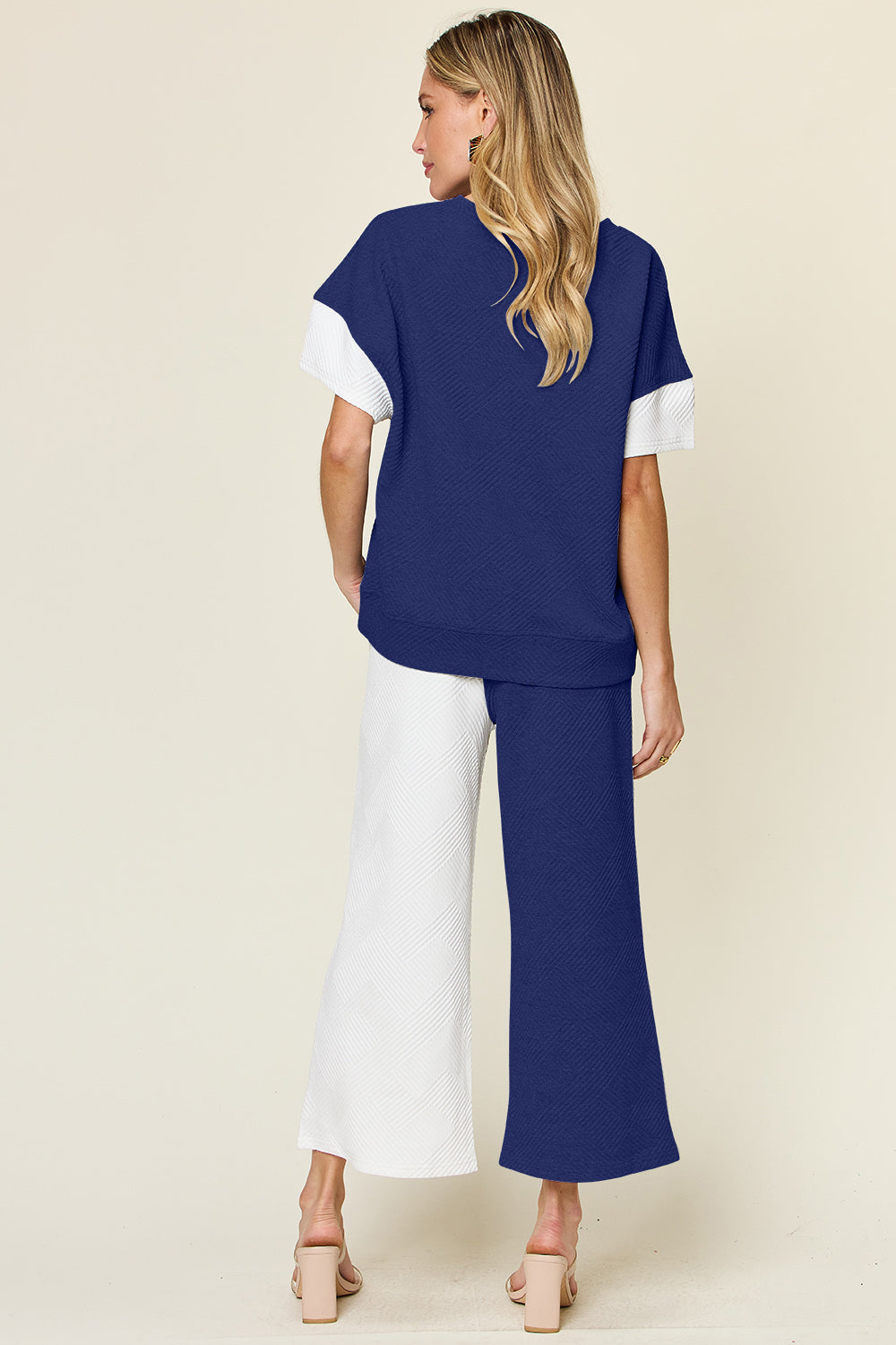 Double Take Colorblock T-Shirt and Wide Leg Pants Set Trendsi