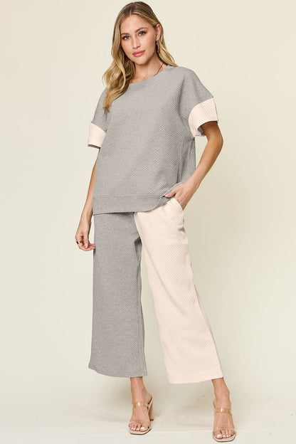 Double Take Colorblock T-Shirt and Wide Leg Pants Set Trendsi