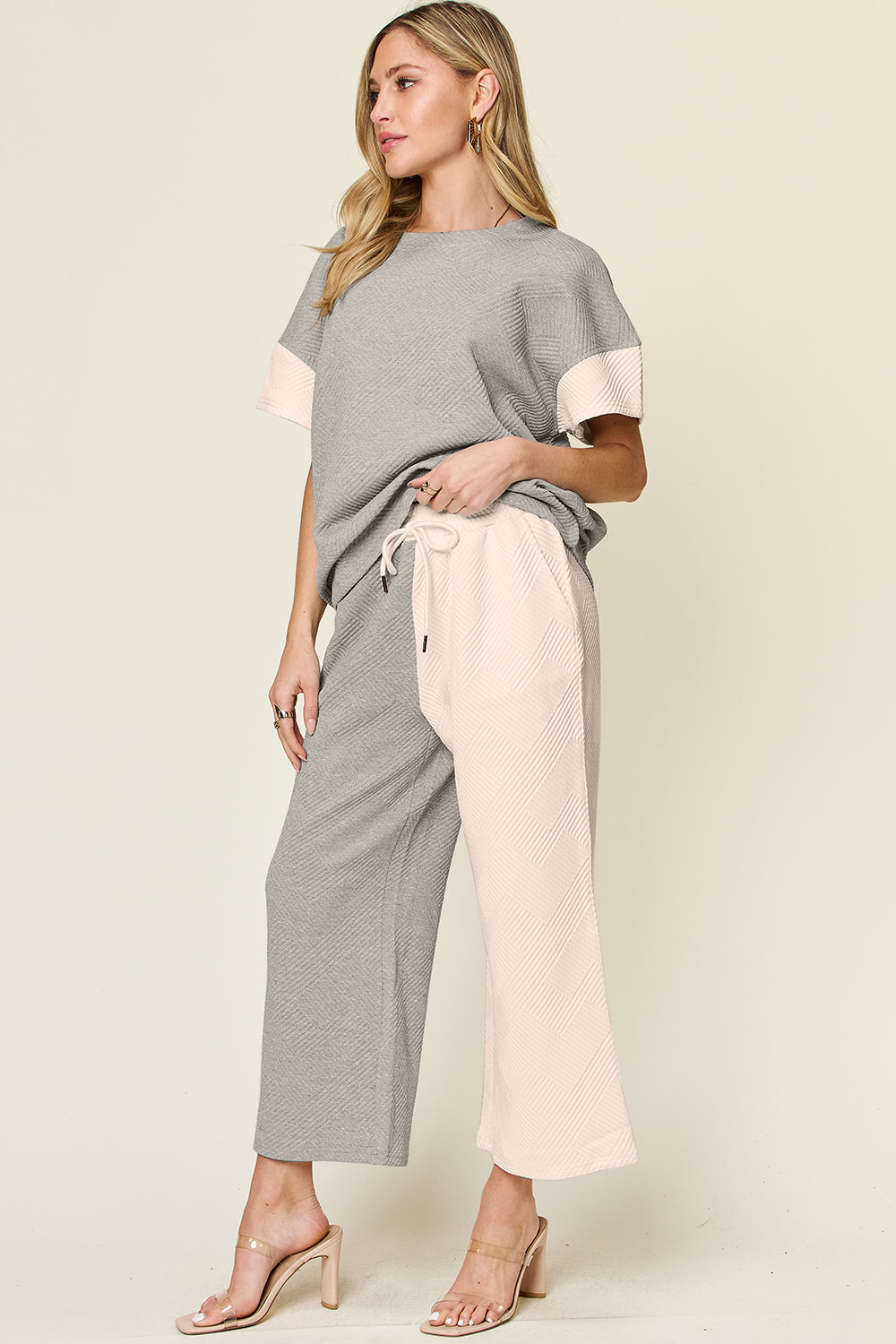 Double Take Colorblock T-Shirt and Wide Leg Pants Set Trendsi