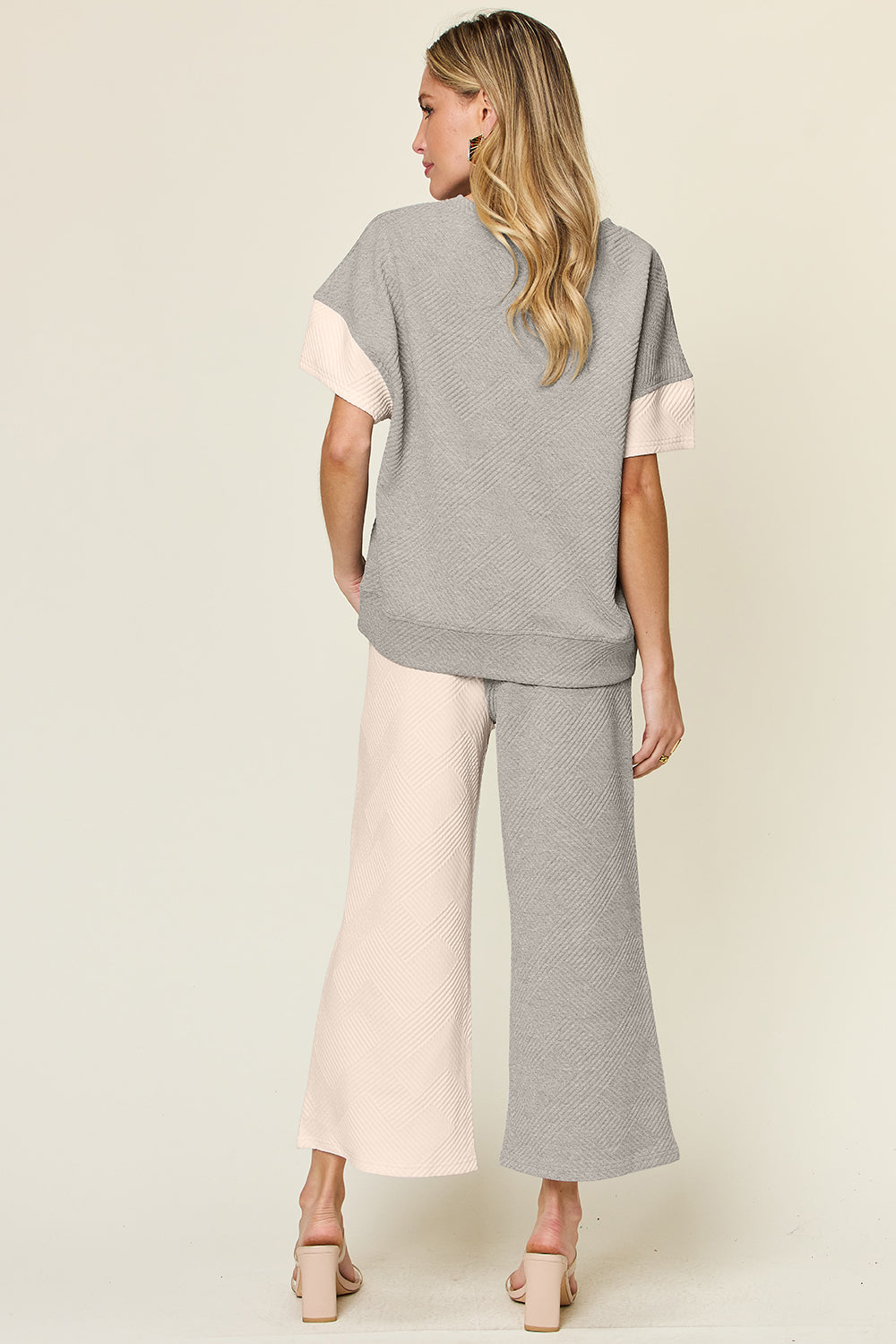 Double Take Colorblock T-Shirt and Wide Leg Pants Set Trendsi