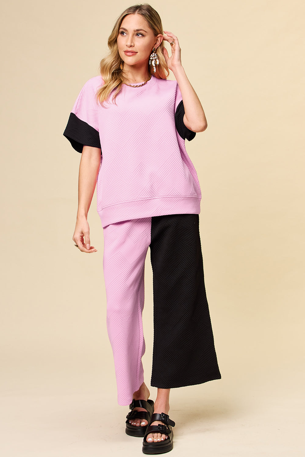 Double Take Colorblock T-Shirt and Wide Leg Pants Set Trendsi