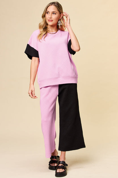 Double Take Colorblock T-Shirt and Wide Leg Pants Set Trendsi