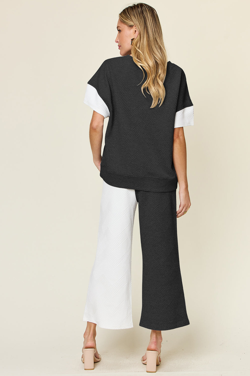 Double Take Colorblock T-Shirt and Wide Leg Pants Set Trendsi