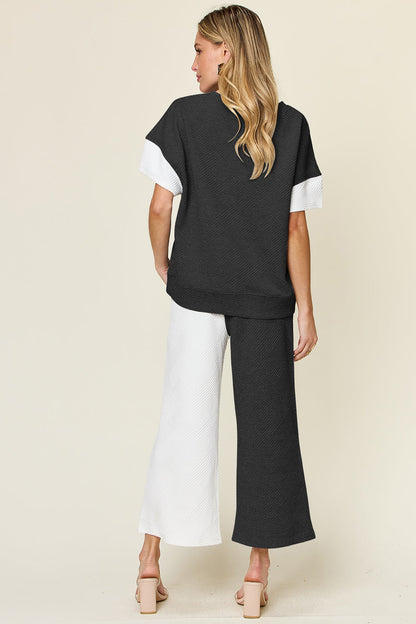 Double Take Colorblock T-Shirt and Wide Leg Pants Set Trendsi