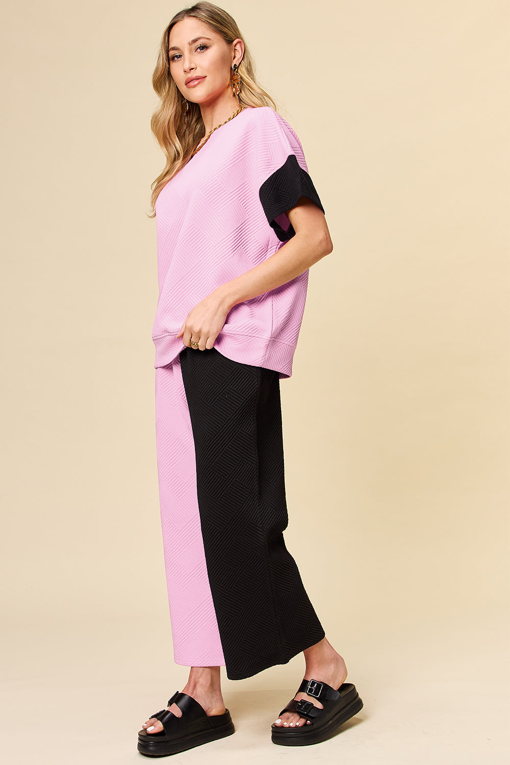 Double Take Colorblock T-Shirt and Wide Leg Pants Set Trendsi