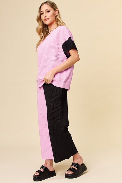 Double Take Colorblock T-Shirt and Wide Leg Pants Set Trendsi