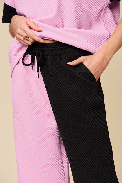 Double Take Colorblock T-Shirt and Wide Leg Pants Set Trendsi