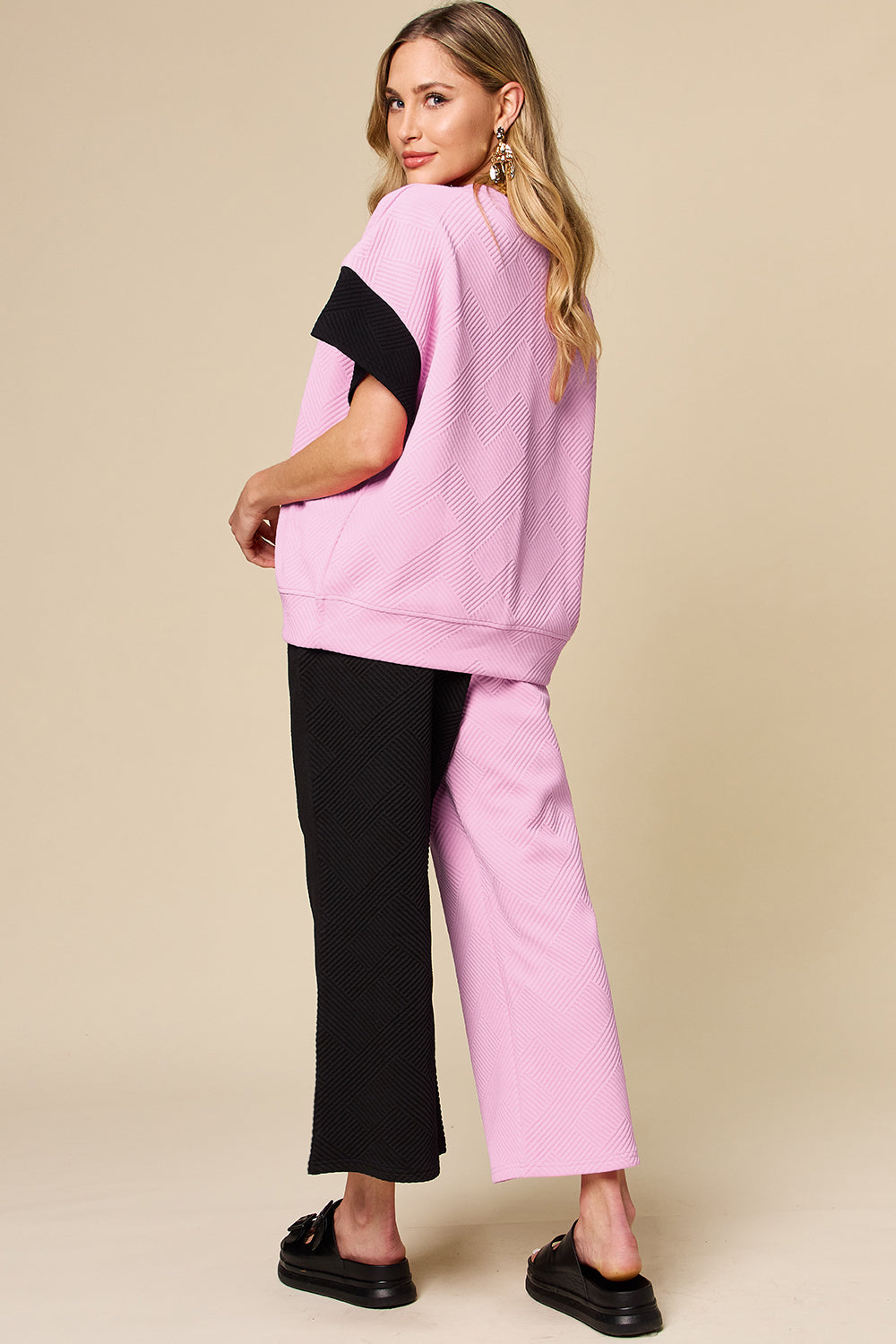 Double Take Colorblock T-Shirt and Wide Leg Pants Set Trendsi