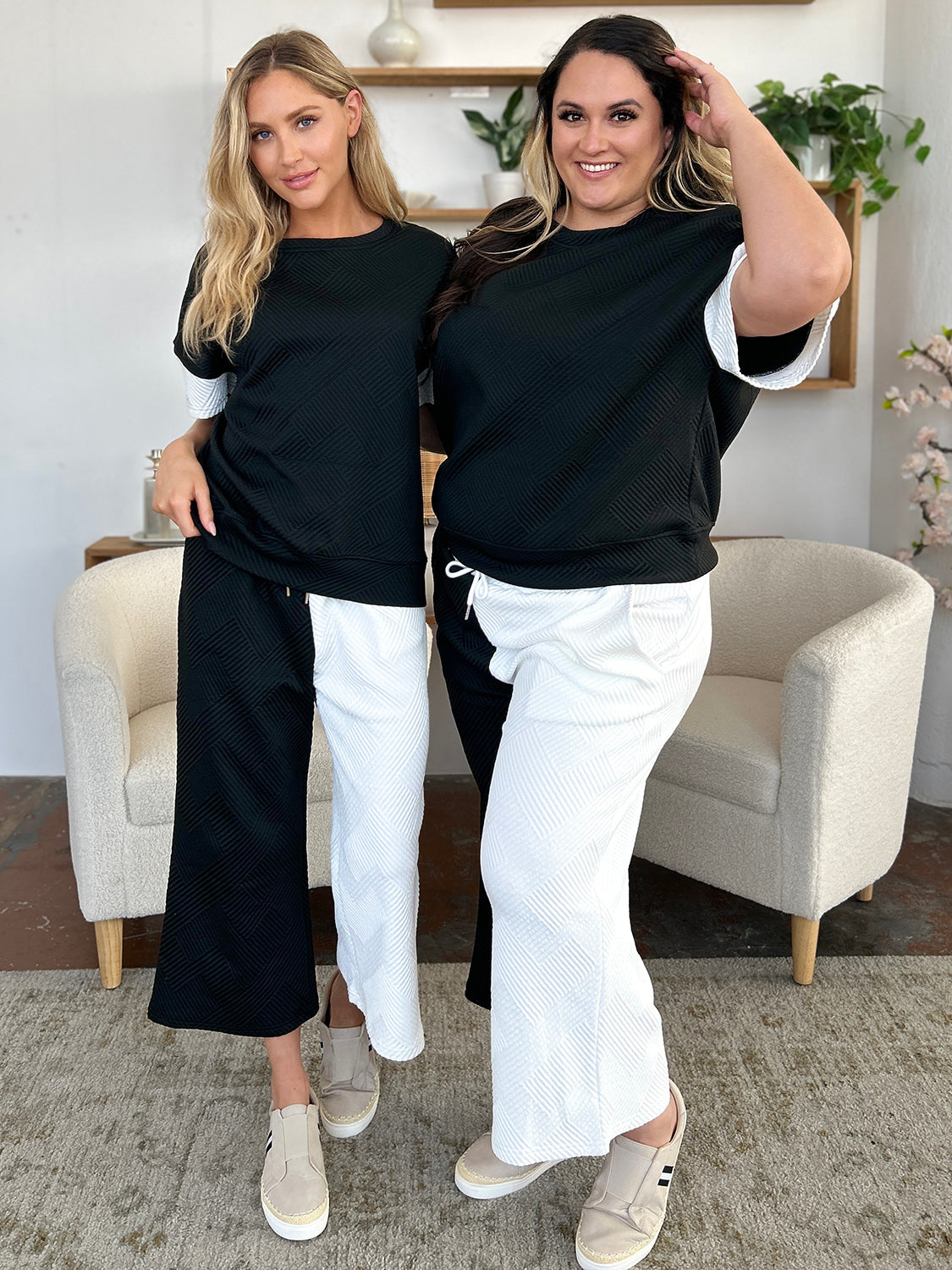 Double Take Colorblock T-Shirt and Wide Leg Pants Set Trendsi