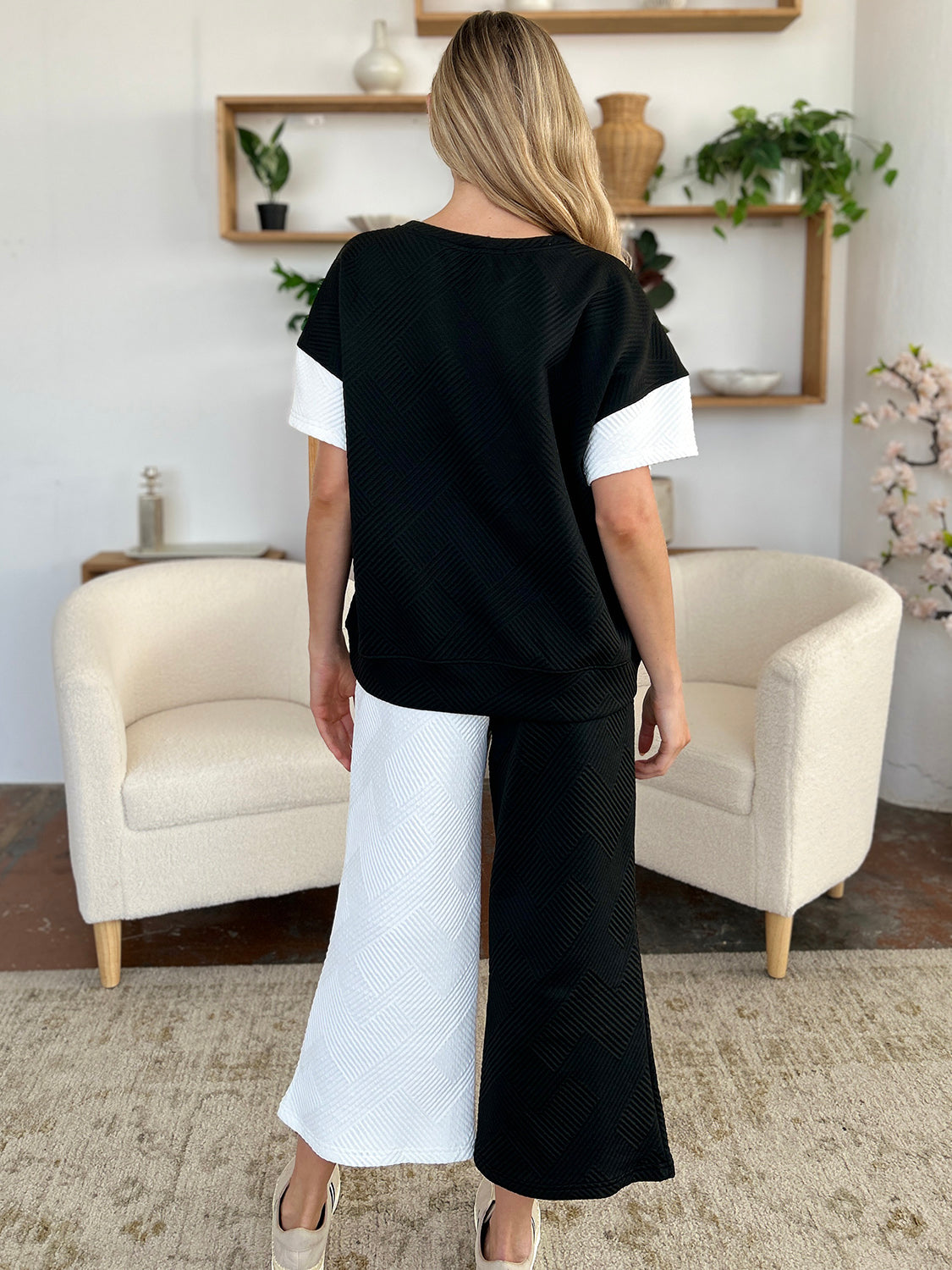 Double Take Colorblock T-Shirt and Wide Leg Pants Set Trendsi