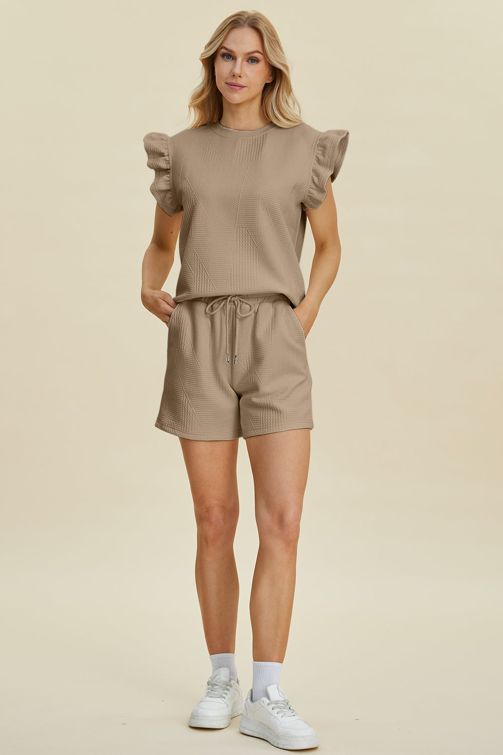 Double Take Texture Ruffle Sleeve Top and Shorts Set