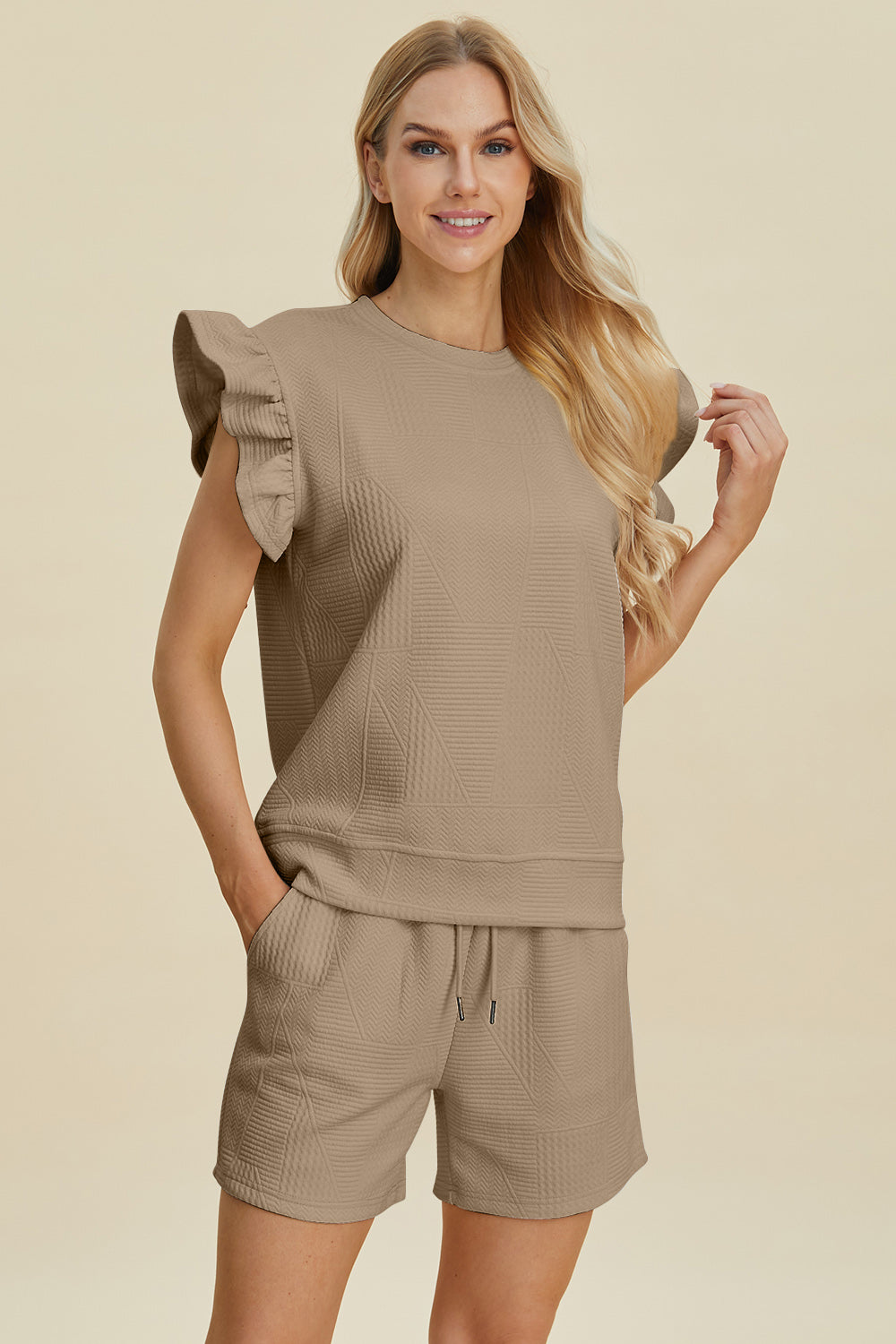 Double Take Texture Ruffle Sleeve Top and Shorts Set