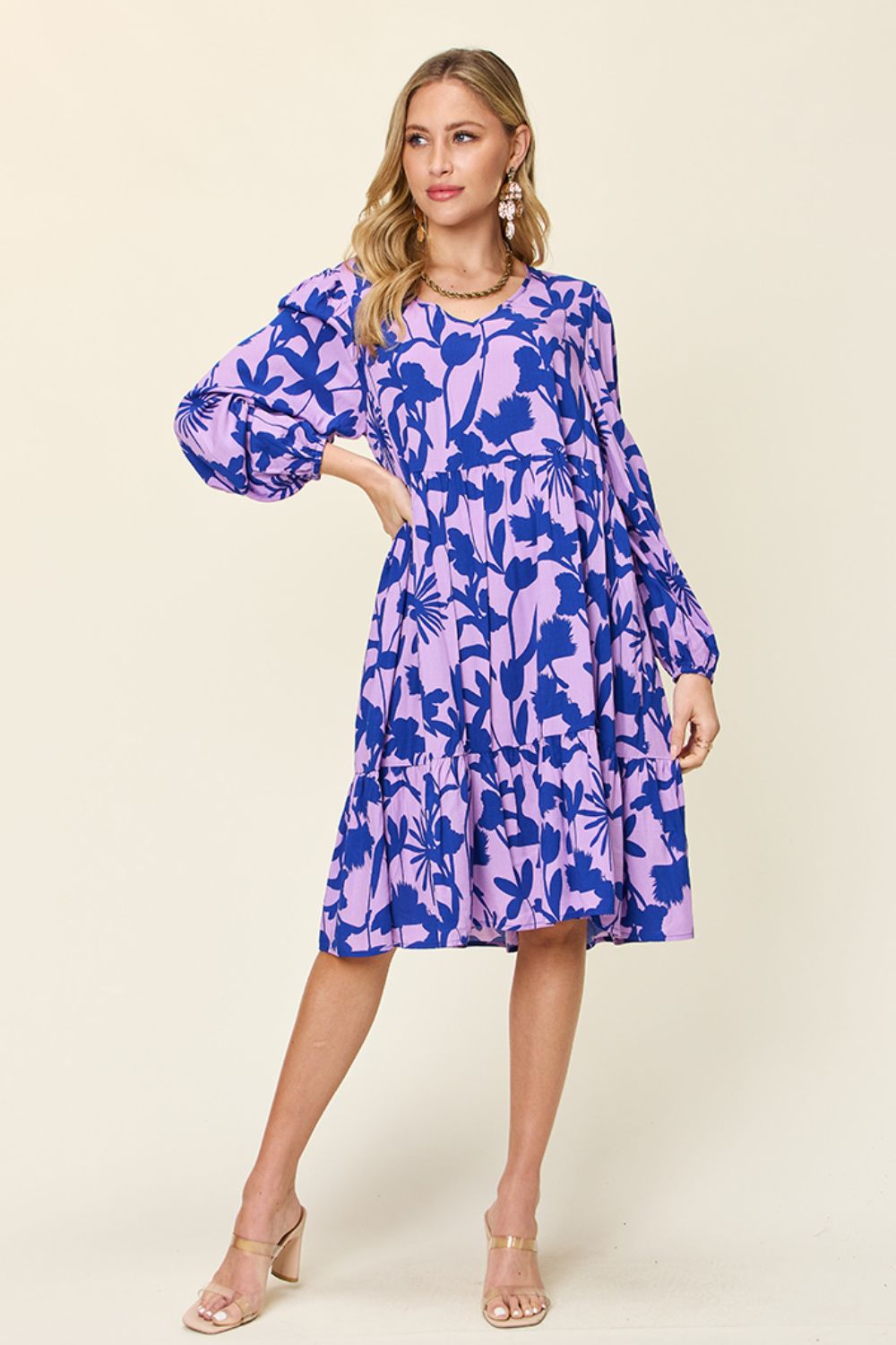 Double Take Two-Tone Printed Ruffle Boho Dress