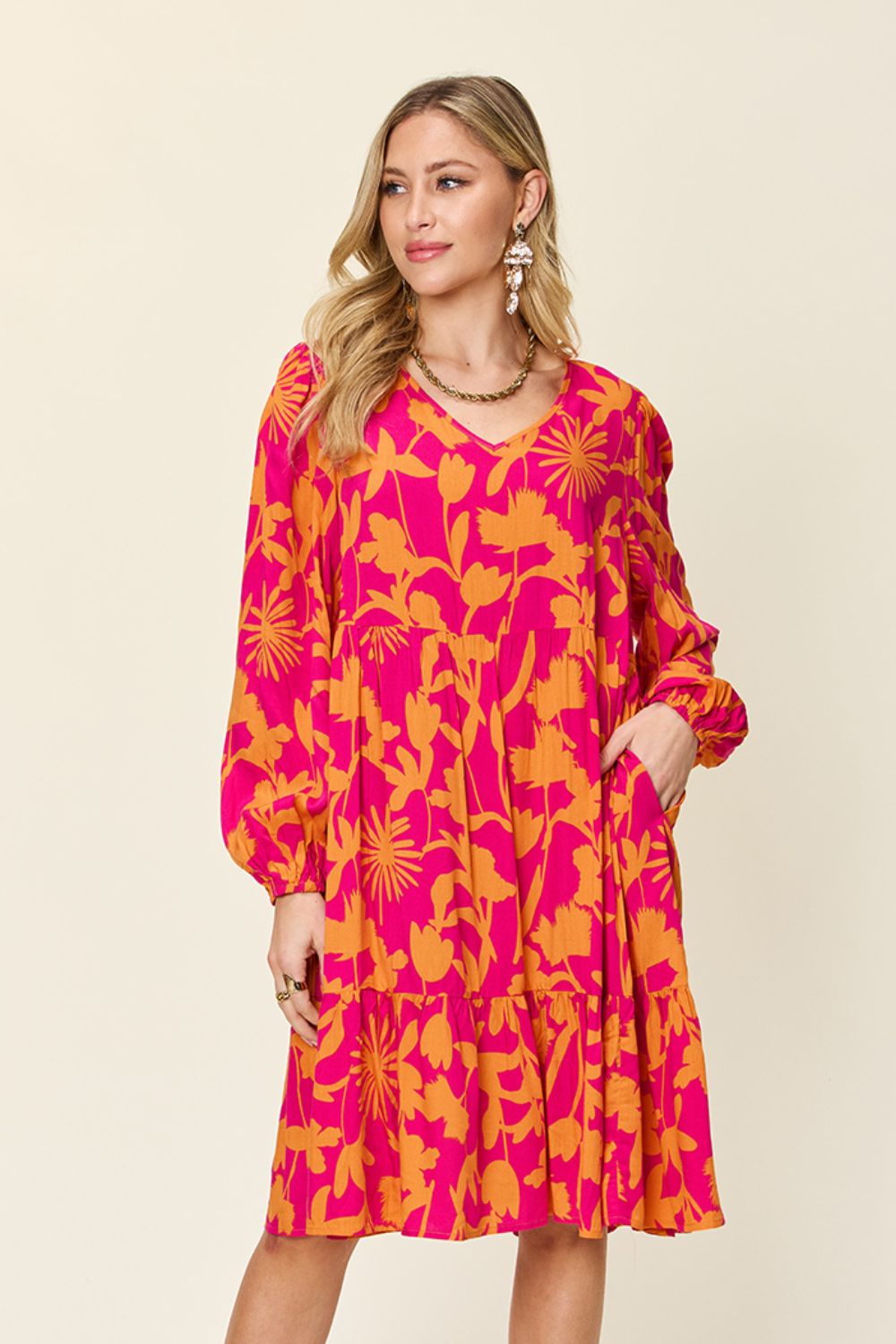 Double Take Two-Tone Printed Ruffle Boho Dress