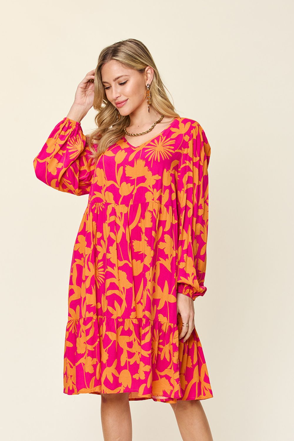 Double Take Two-Tone Printed Ruffle Boho Dress