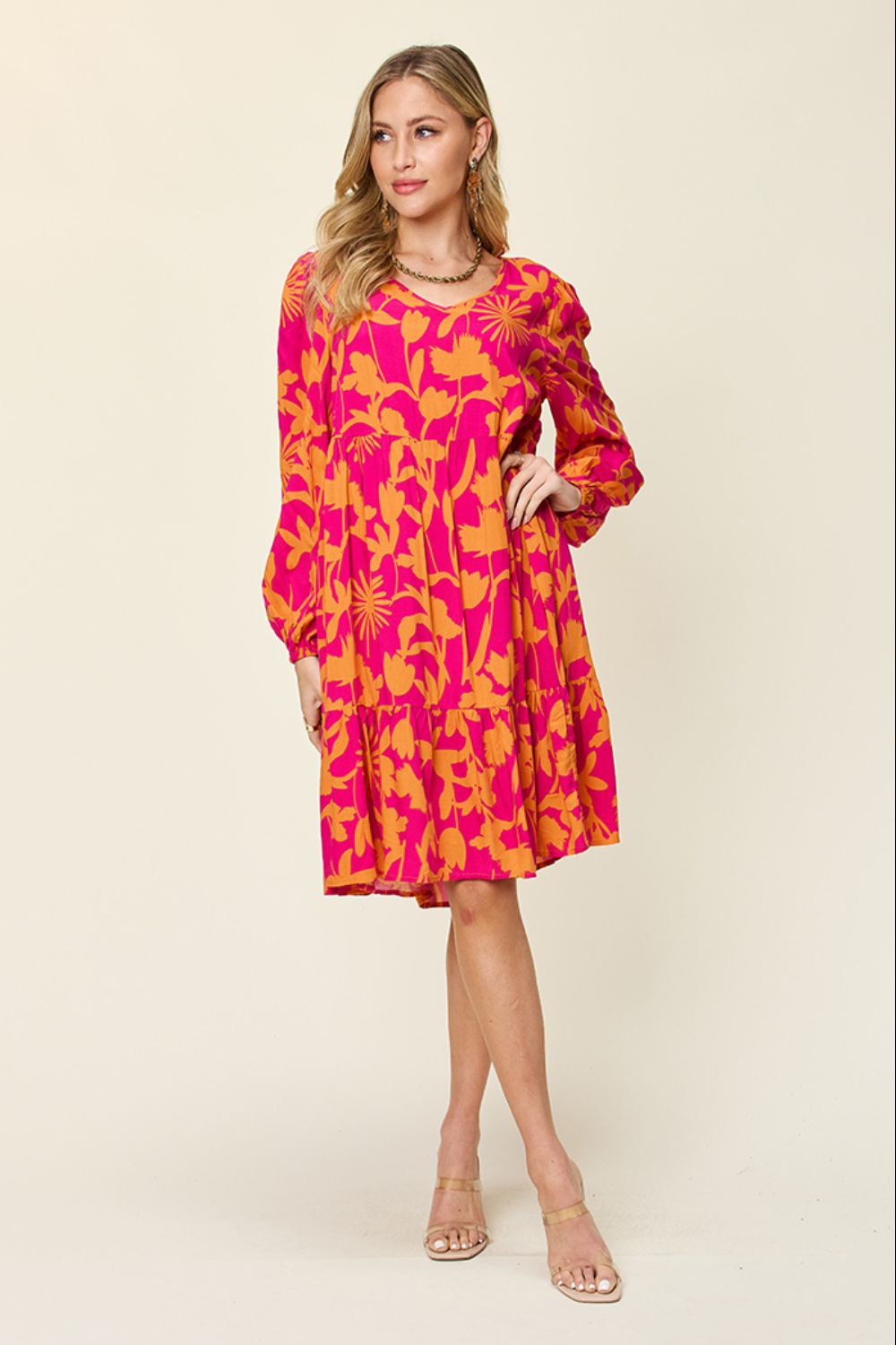 Double Take Two-Tone Printed Ruffle Boho Dress