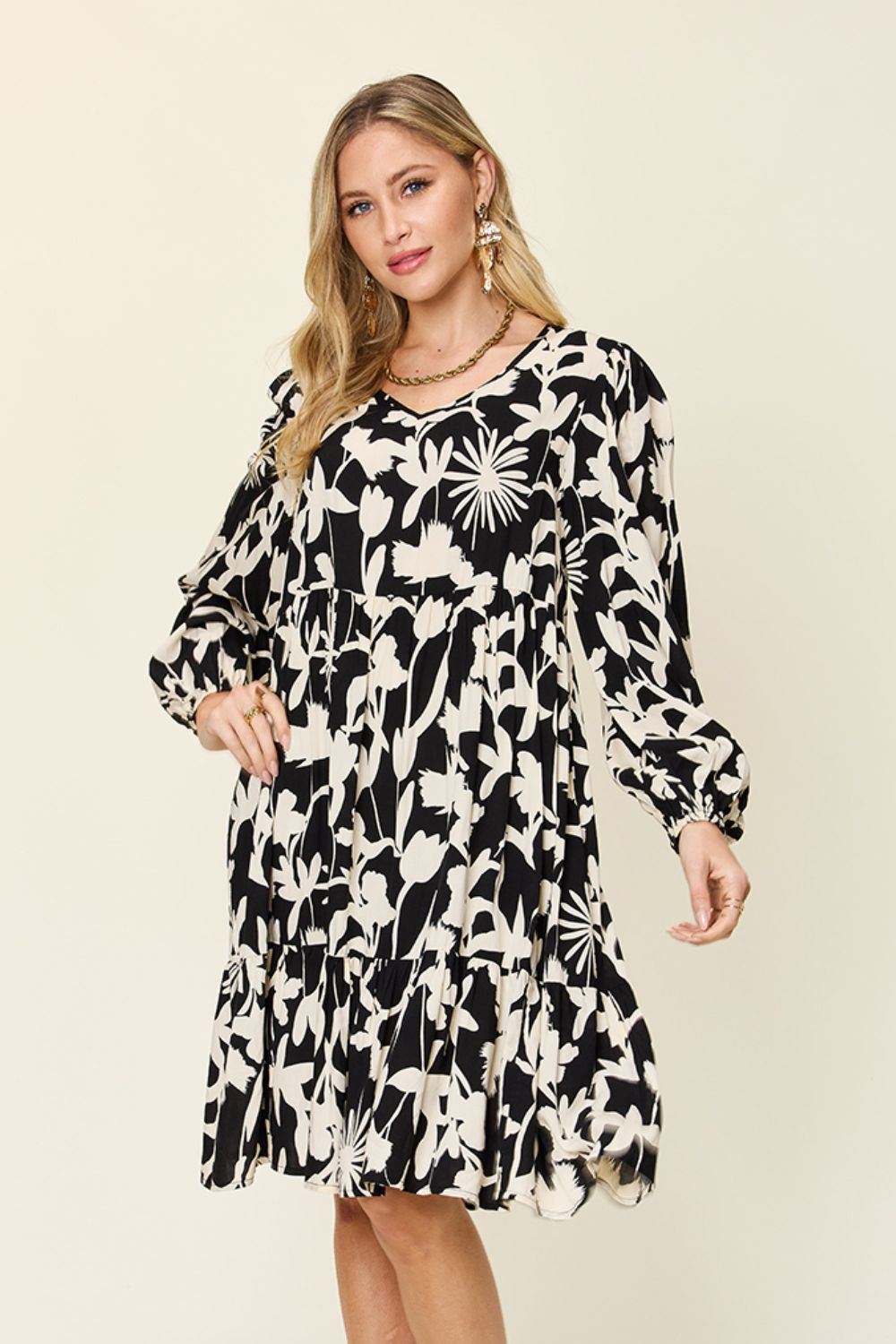 Double Take Two-Tone Printed Ruffle Boho Dress