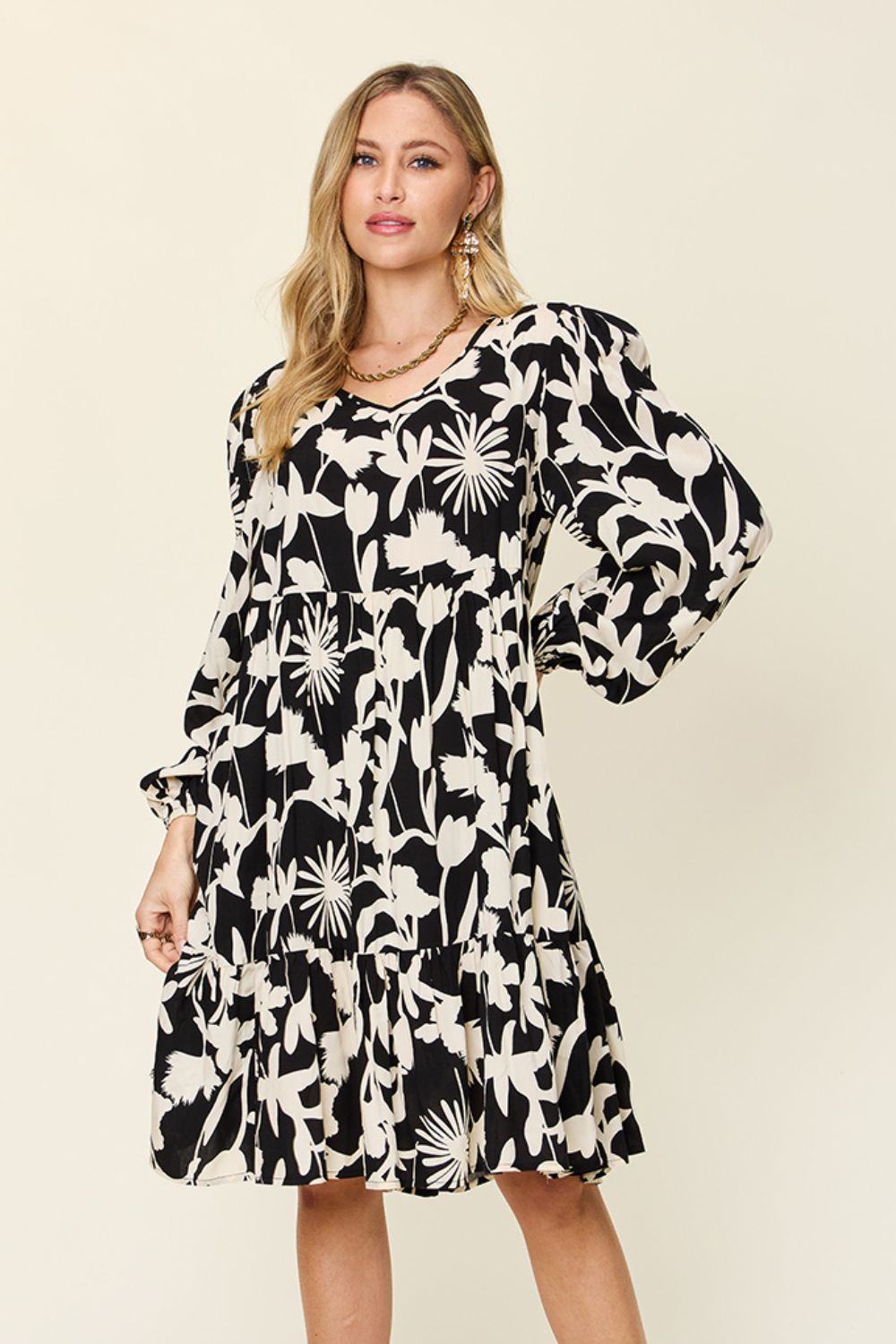 Double Take Two-Tone Printed Ruffle Boho Dress