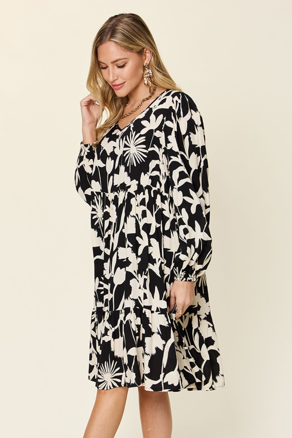 Double Take Two-Tone Printed Ruffle Boho Dress