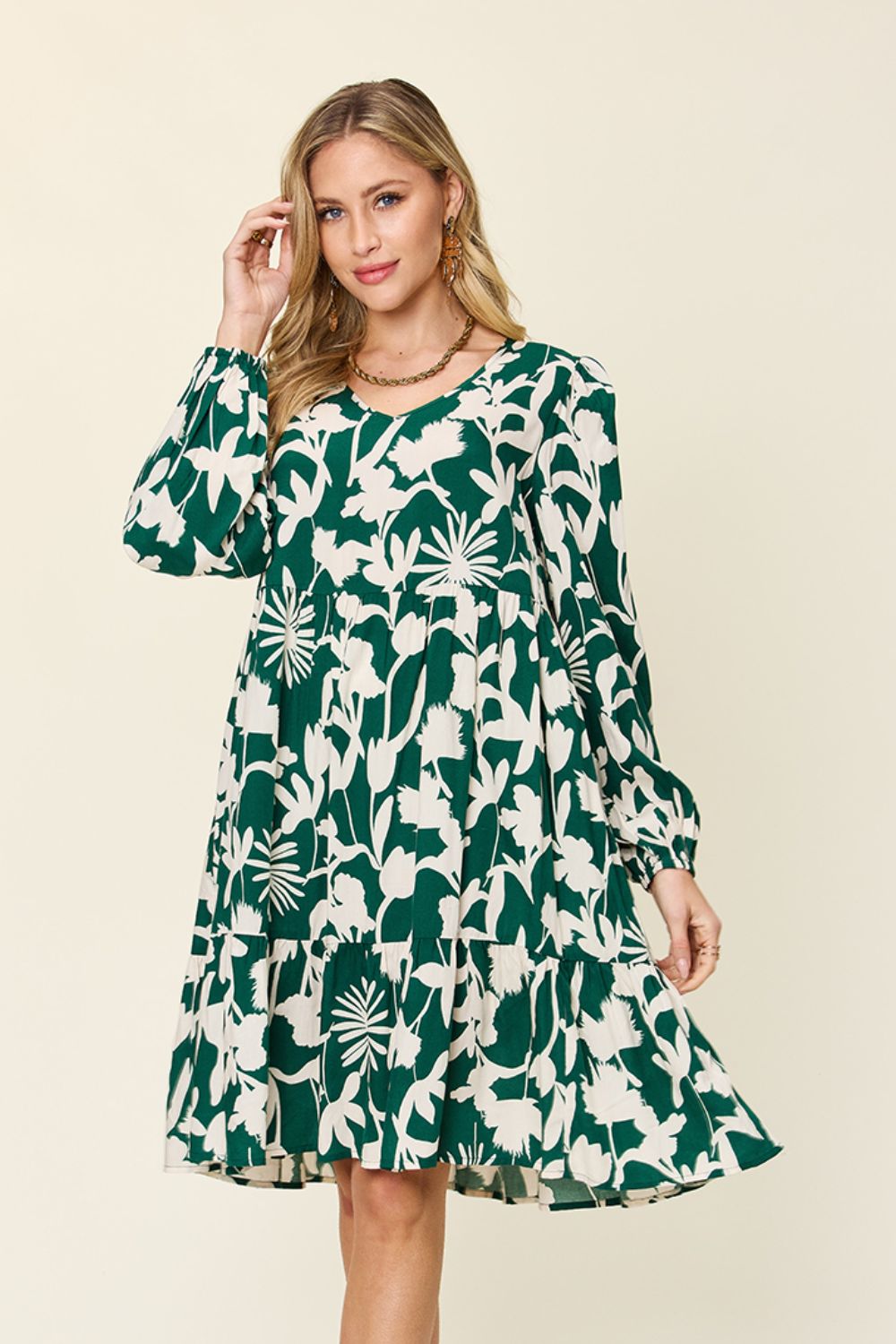 Double Take Two-Tone Printed Ruffle Boho Dress