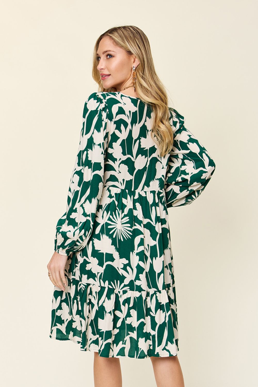 Double Take Two-Tone Printed Ruffle Boho Dress