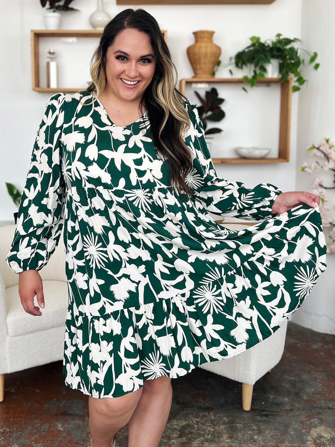 Double Take Two-Tone Printed Ruffle Boho Dress