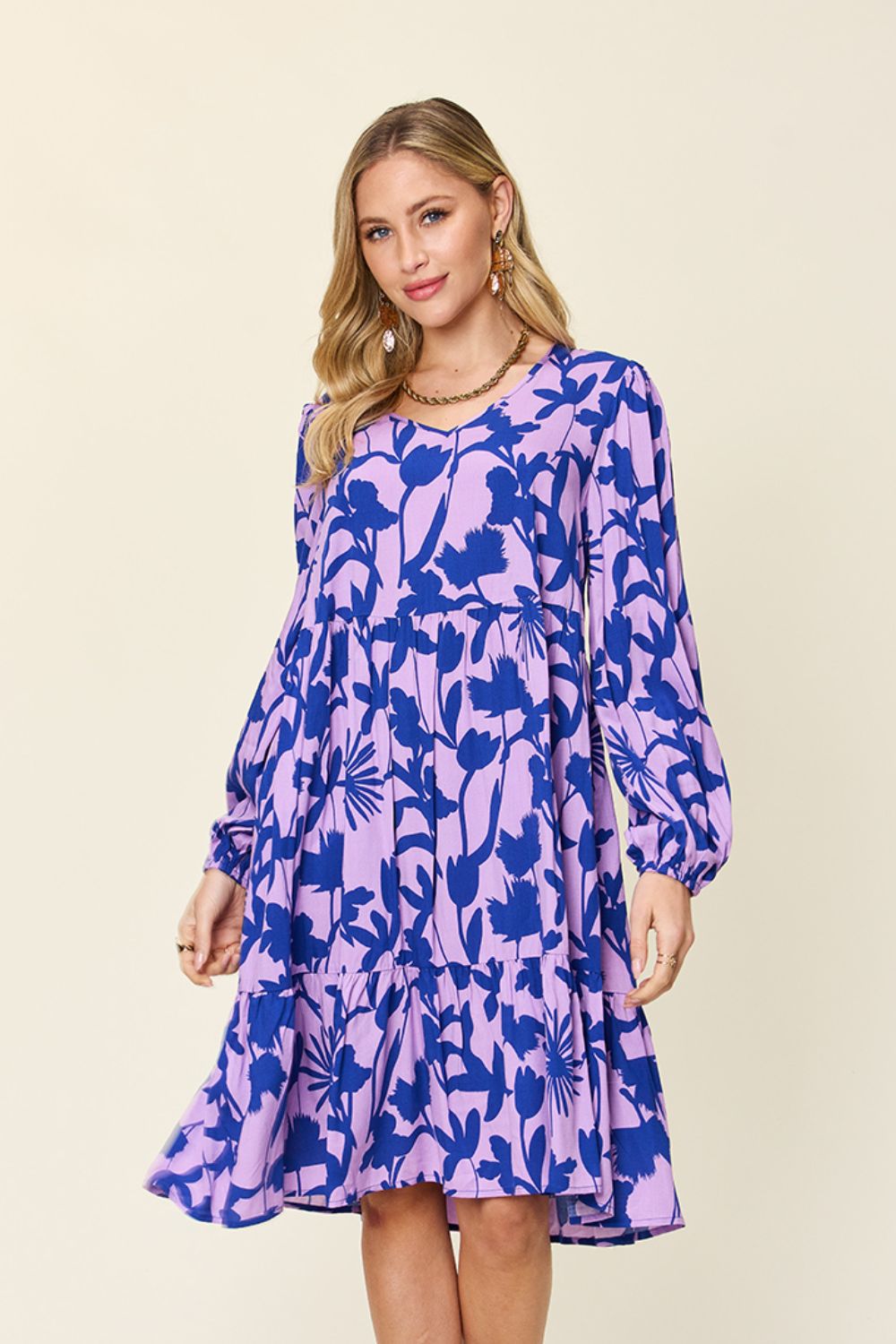 Double Take Two-Tone Printed Ruffle Boho Dress